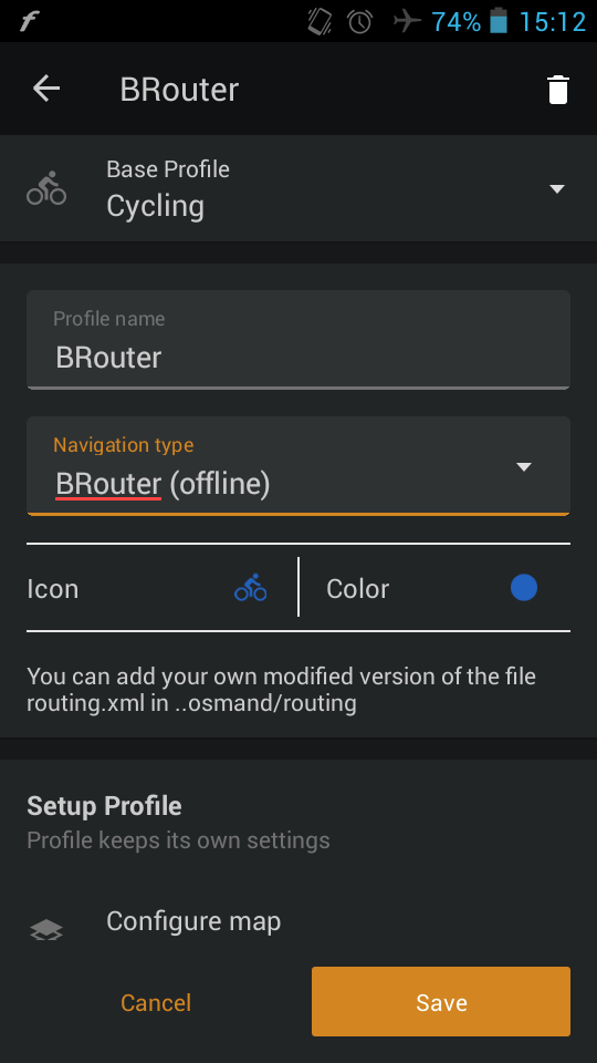BRouter configuration in OsmAnd application profiles